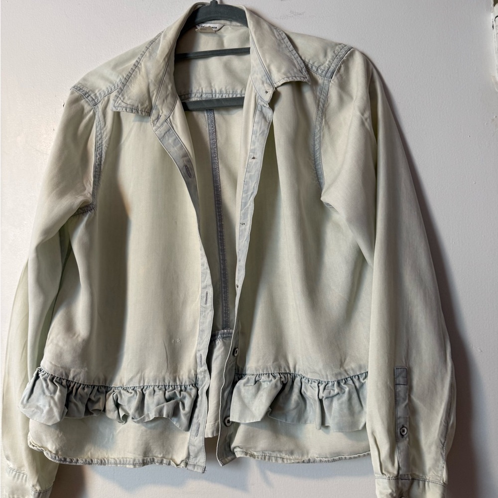 Club Monaco Women's Light Denim Ruffle Hem Jacket - Picture 2 of 6